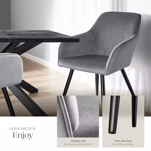 tectake Set of 8 Marilyn Dining Chairs in Grey Velvet Look with Black Metal Legs – 5
