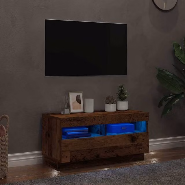 Berkfield Home TV Cabinet with LED Lights in Old Wood, W/D/H: 80 x 35 x 40 cm