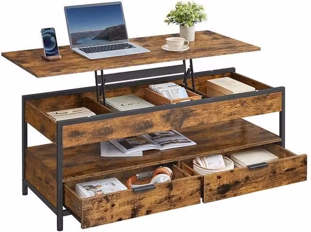 Pirlo Plush Industrial Lift Top Coffee Table with Drawers in Brown and Black