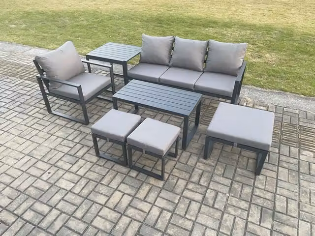 Fimous 7 Seater Aluminium Garden Furniture Set in Dark Grey with Cushions, Armchair, 3 Ottomans and Coffee Table