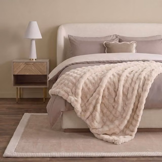 OHS Bubble Faux Fur Fleece Throw Blanket in Cream, W: 125 cm, D: 150 cm