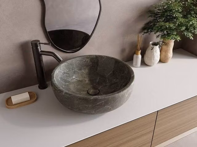 Vente-unique Round Black Marble Countertop Basin, Diameter: 40 cm, Height: 15 cm