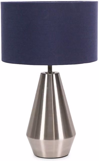 ValueLights Jax Dimmable Touch Table Lamp with Navy Blue Fabric Drum Shade and Brushed Chrome Base