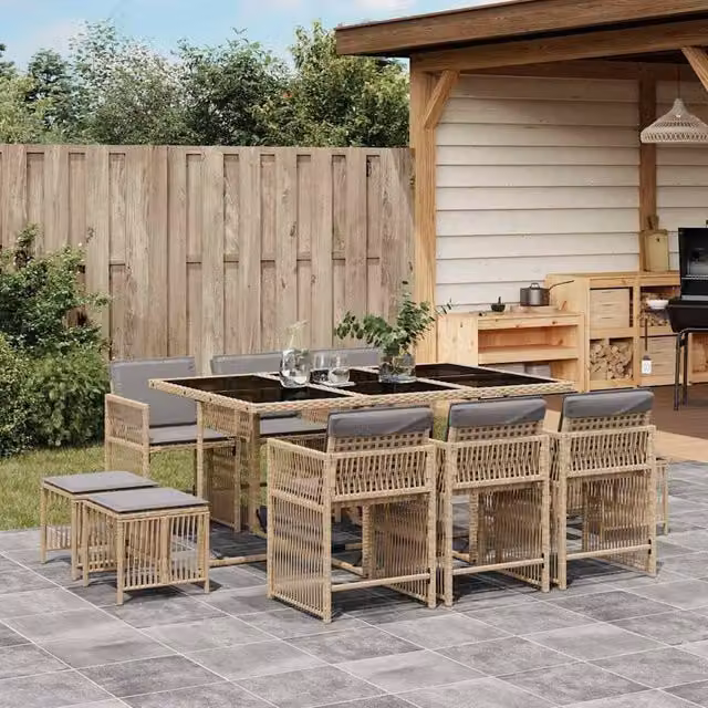 Berkfield Home 11 Piece Garden Dining Set with Beige Cushions and Poly Rattan – 1