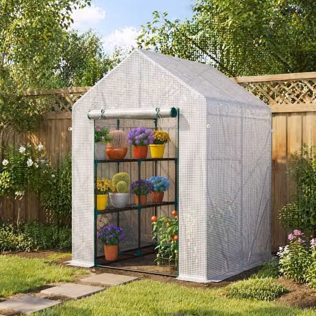 STILVORA Walk-In Greenhouse with 2-Tier Shelves in Transparent, H 195 x W 143 x D 143 cm – 1