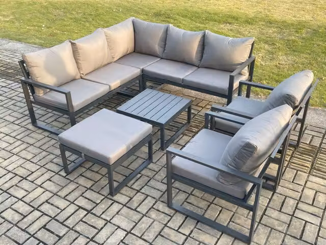 Fimous Modern L-Shape Outdoor Garden Furniture Set in Dark Grey with Powder Coated Aluminium Frame, 2-Seater Sofa, 2 Armchairs, Coffee Table and Ottoman