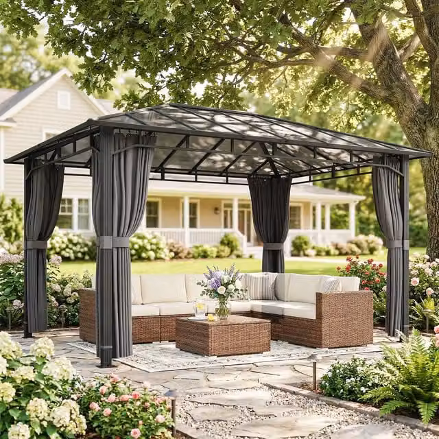 Outsunny Modern Aluminium Hardtop Gazebo with Polycarbonate Roof in Dark Grey