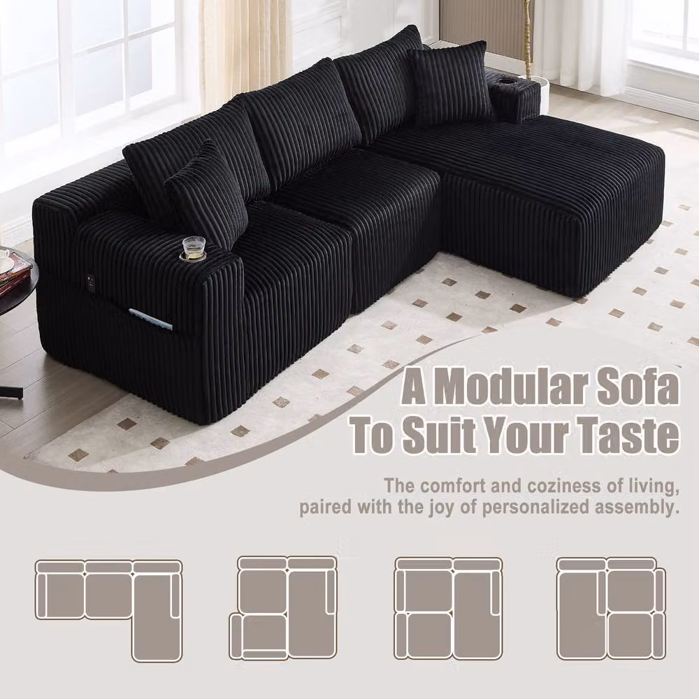 Direct Wicker Black L-Shaped Modular Sectional Sofa with 3-Seater Upholstered Fabric Cushions and Cup Holders – 4