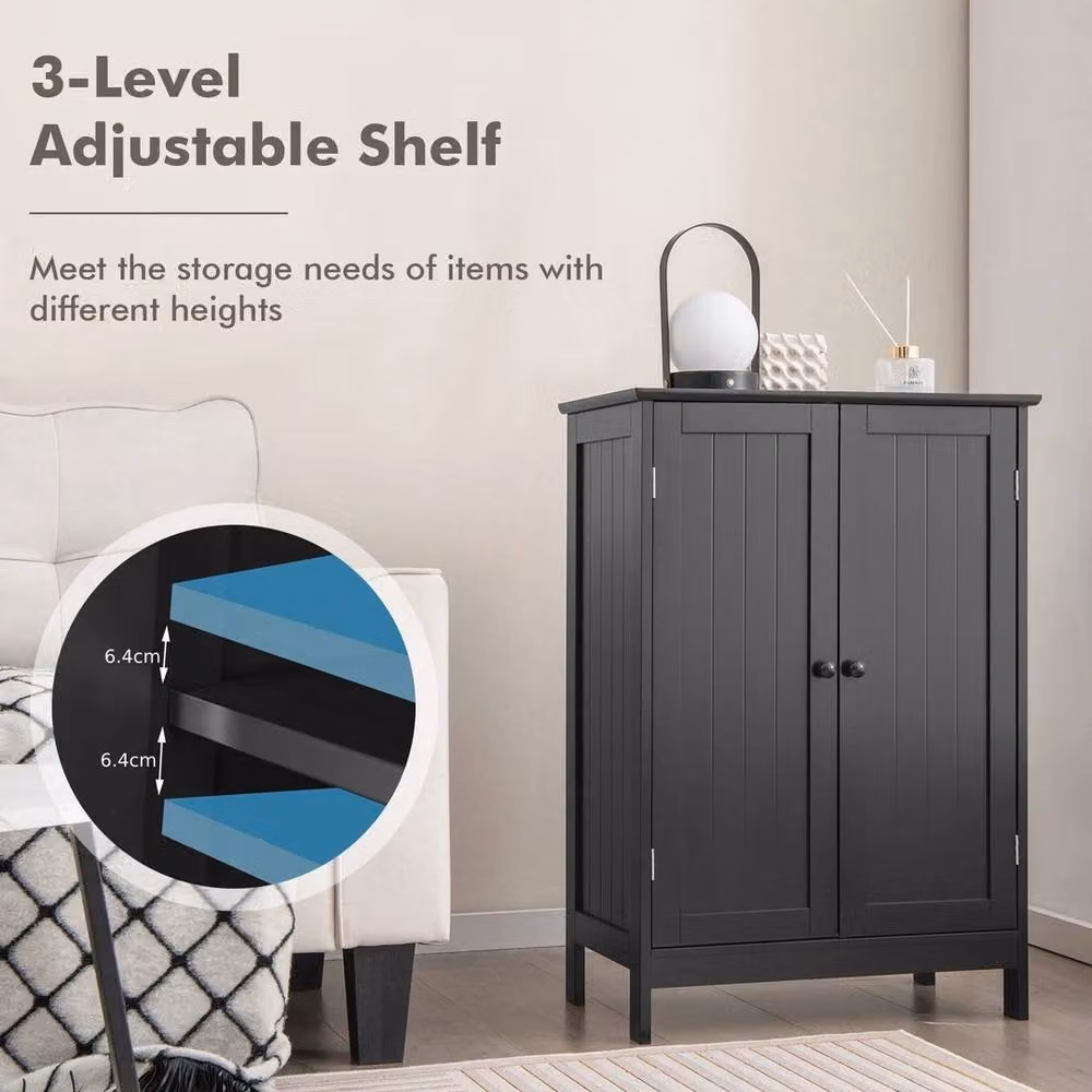 NESTLUNE Black Matt Free-standing Bathroom Storage Cabinet with Hinged Doors and Internal Shelves – 5