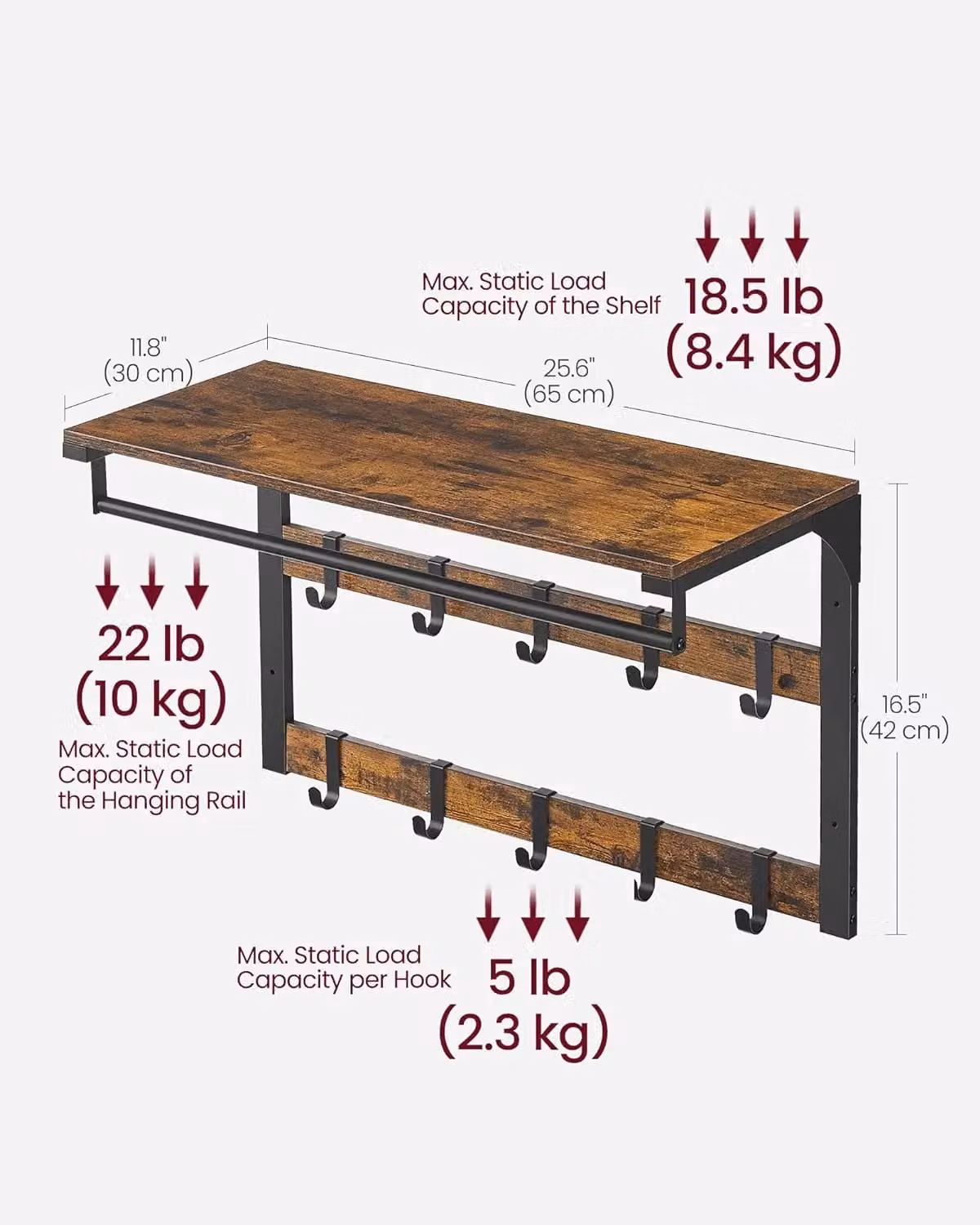 VASAGLE Industrial Wall-Mounted Coat Rack Shelf with 10 Removable Hooks and Clothes Rail in Brown – 2