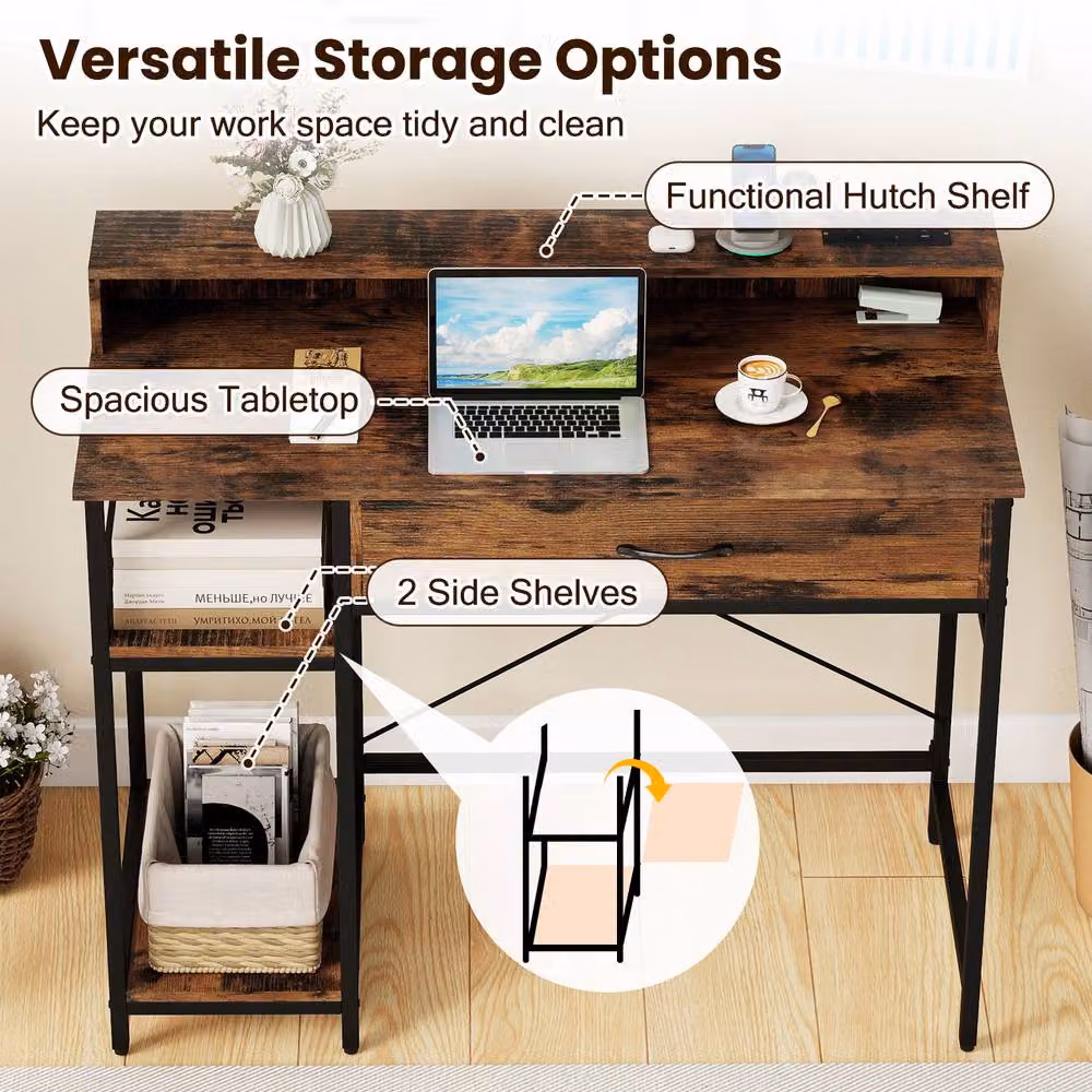 Costway Modern Wooden Computer Desk with Shelf in Brown – 5