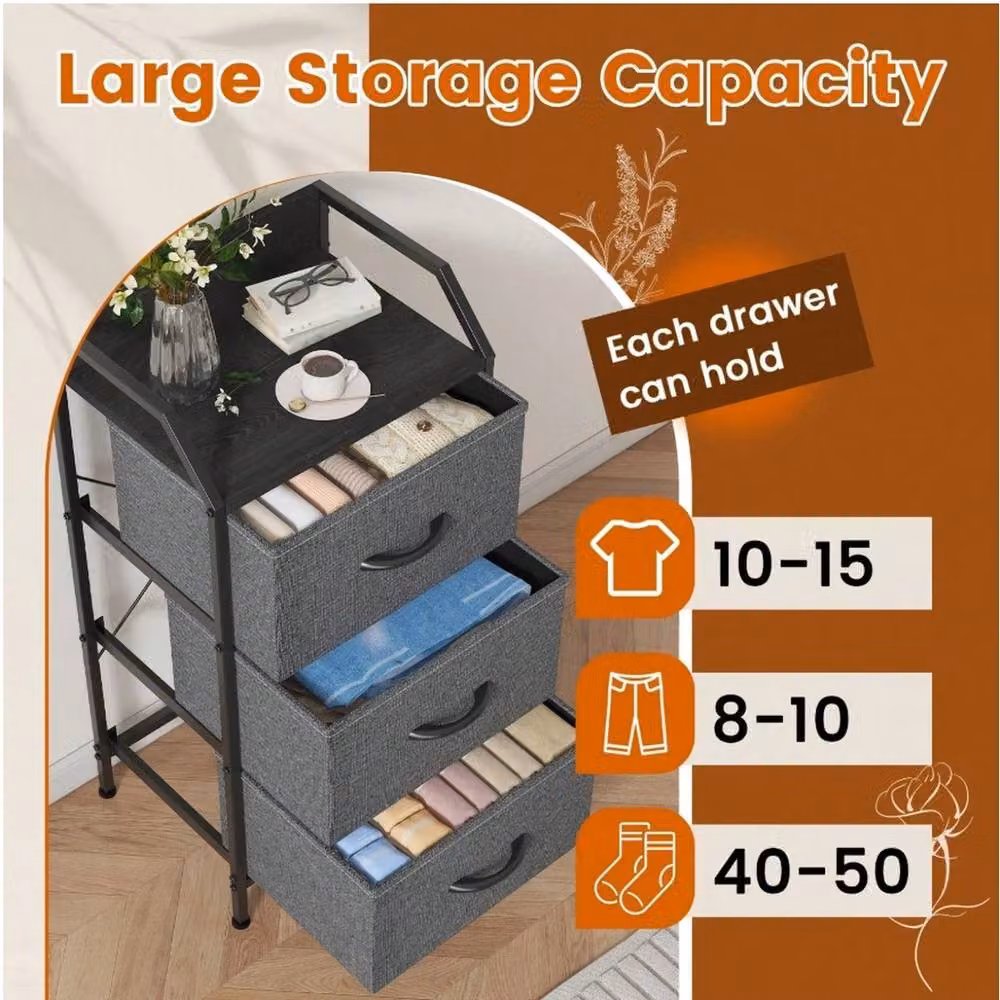VOGREX Modern 3 Drawer Bedroom Storage Chest with Steel Frame in Dark Grey – 4