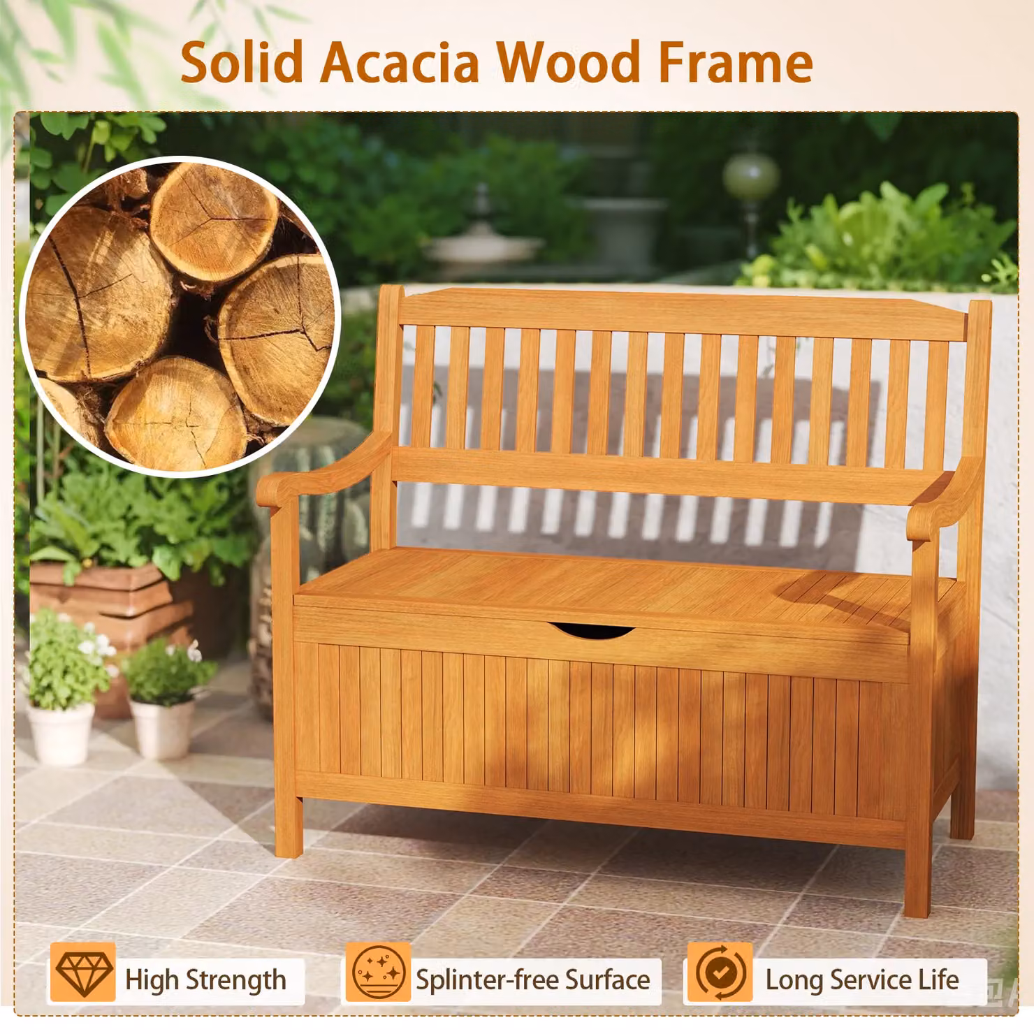 Costway 125L Outdoor Acacia Wood Storage Bench Deck Box Loveseat in Natural Brown – 5