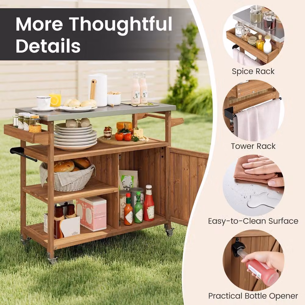 Gymax Brown Wooden Grill Cart with Stainless Steel Top and Casters, W/D/H: 118 x 47 x 92 cm – 7
