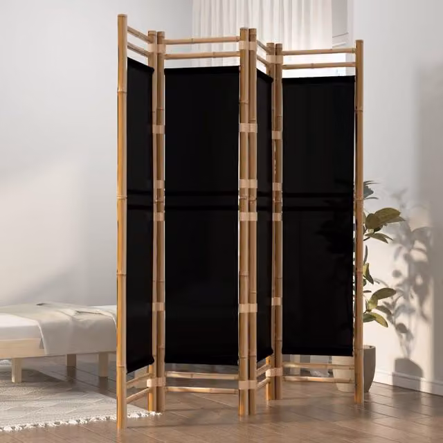 Berkfield Home 4-Panel Folding Room Divider in Black Bamboo and Canvas, 160 cm