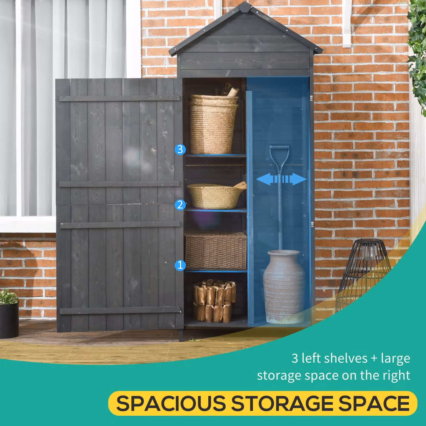 Outsunny Grey Wooden Garden Storage Cabinet with Lockable Double Doors and Internal Shelving, W/D/H: 84 x 52 x 188 cm – 4