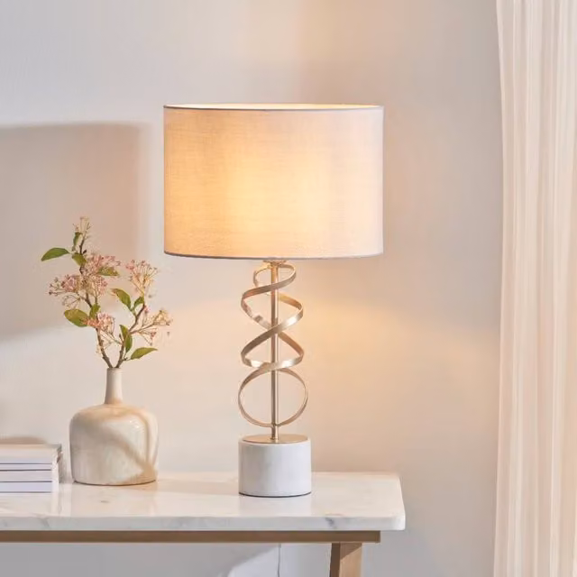Pagazzi Briar Modern Table Lamp with Gold/Brass and White Marble Base and Fabric Shade