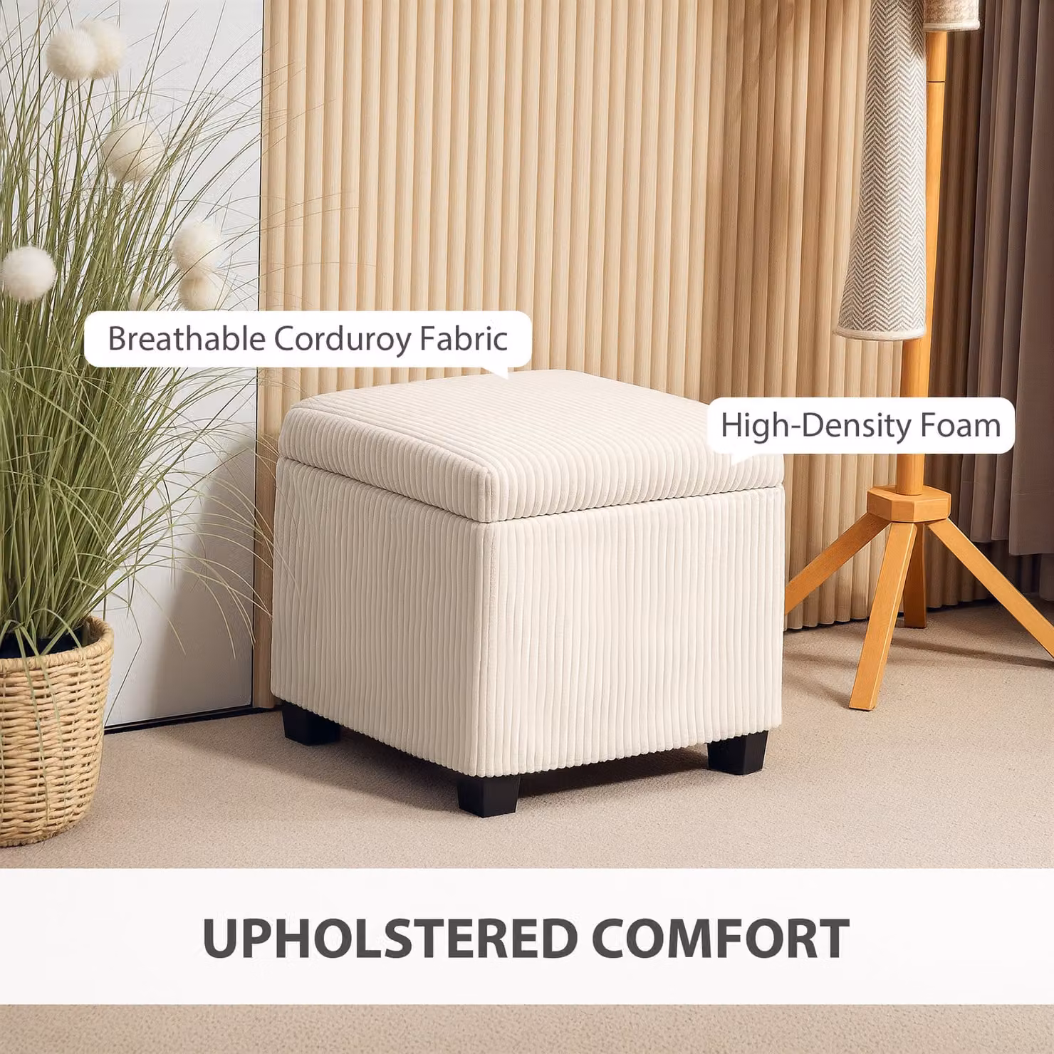 HOMCOM Corduroy Storage Ottoman Bench in Beige with Removable Lid and Metal Legs – 2