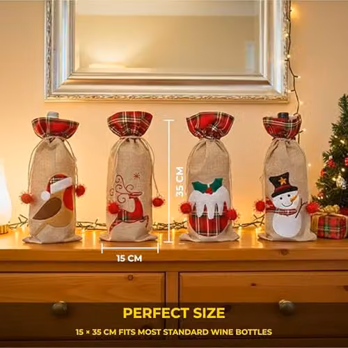 Shatchi Set of 4 Christmas Wine Bottle Covers in Brown Burlap Hessian Linen with Drawstring Closure for Festive Party Table Decorations – 2