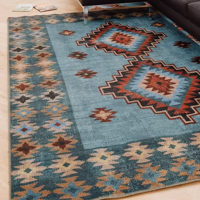 Kukoon Blue Geometric Boho Washable Machine Woven Rectangular Rug W: 240 cm, D: 330 cm