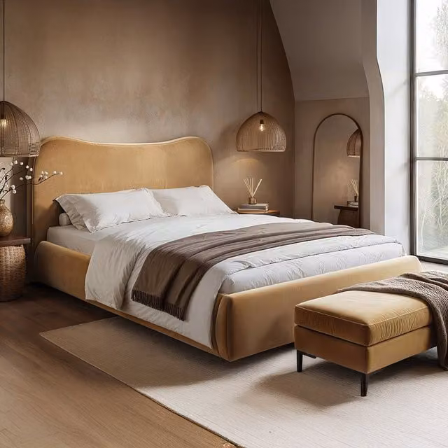 Solace+Co Sand Velvet Upholstered Ottoman Bed with Curved Headboard and Lift Up Base, 140 x 200 cm