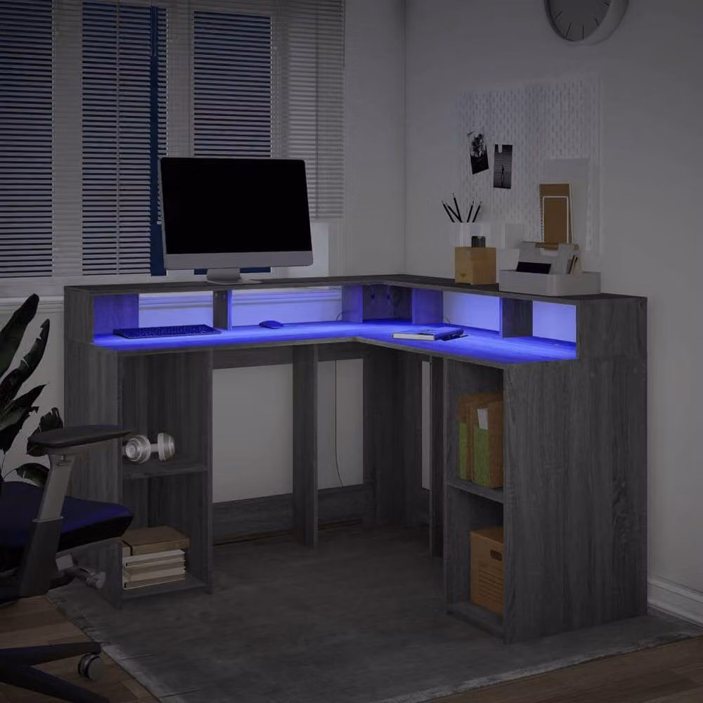 Berkfield Home Soft Desk with LED Lights in Grey Sonoma, W/D/H: 130 x 130 x 91 cm – 4