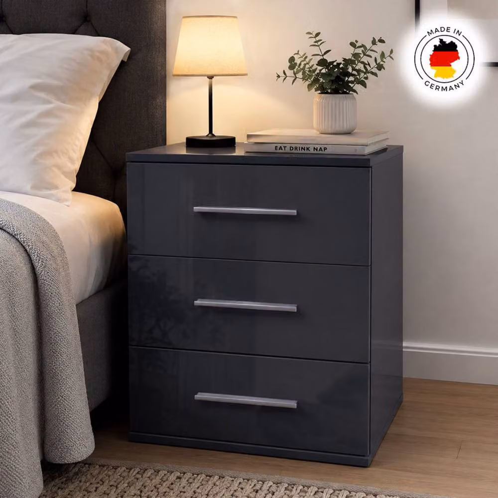 KDMD Windsor 3 Drawer Bedside Cabinet in Gloss Black – 3