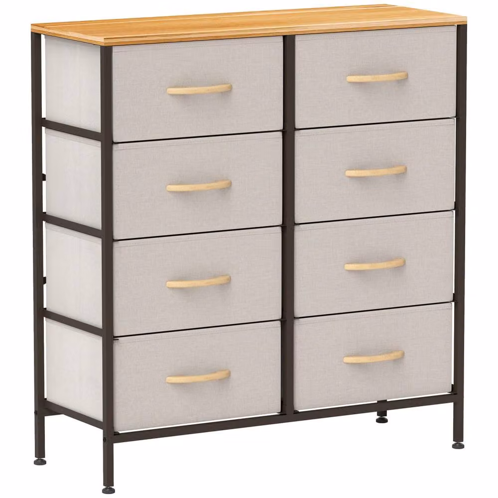 Wyld Haus Neyo 8 Drawer Dresser in Cream White Fabric with Maple Wood Effect Top, H 81.5 x W 80.0 x D 30.0 cm – 2