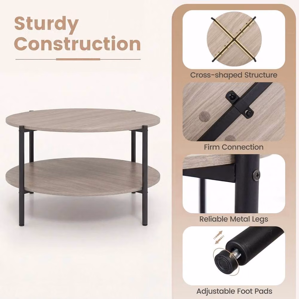 Hinsinc 2-Tier Industrial Round Coffee Table with Storage Shelf in Beige, W/D/H: 60 x 60 x 85 cm – 4