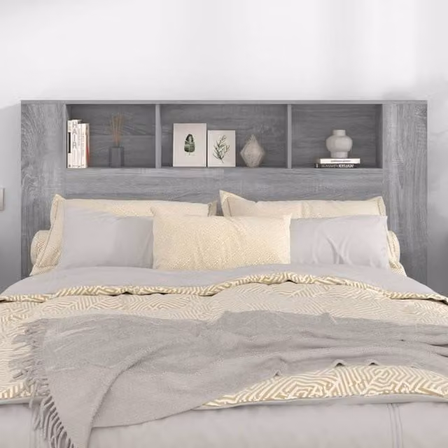 Berkfield Home Modern Headboard Cabinet with Integrated Nightstands and Shelf, Grey, W: 160 cm, D: 18.5 cm, H: 104.5 cm – 1