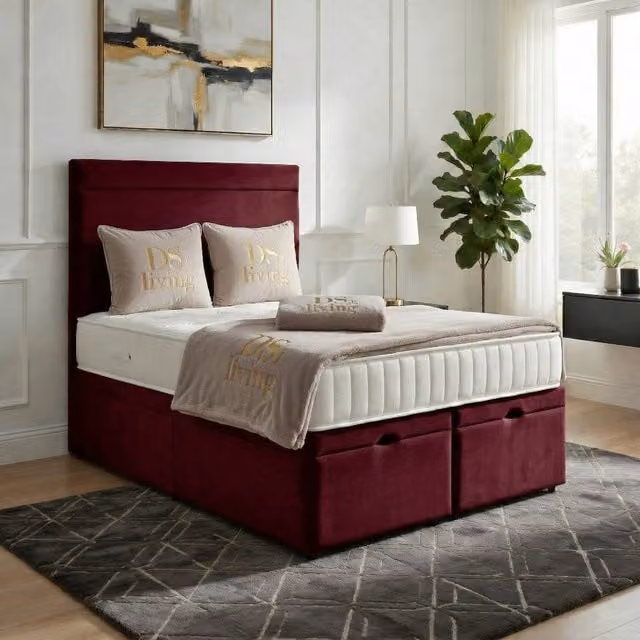 DS Living Majesty Maroon Velvet Upholstered Ottoman Bed, W/D/H: 140 x 200 cm – 1