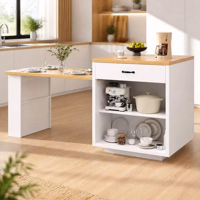 STILVORA Extendable Kitchen Island with LED Lighting and Storage in White
