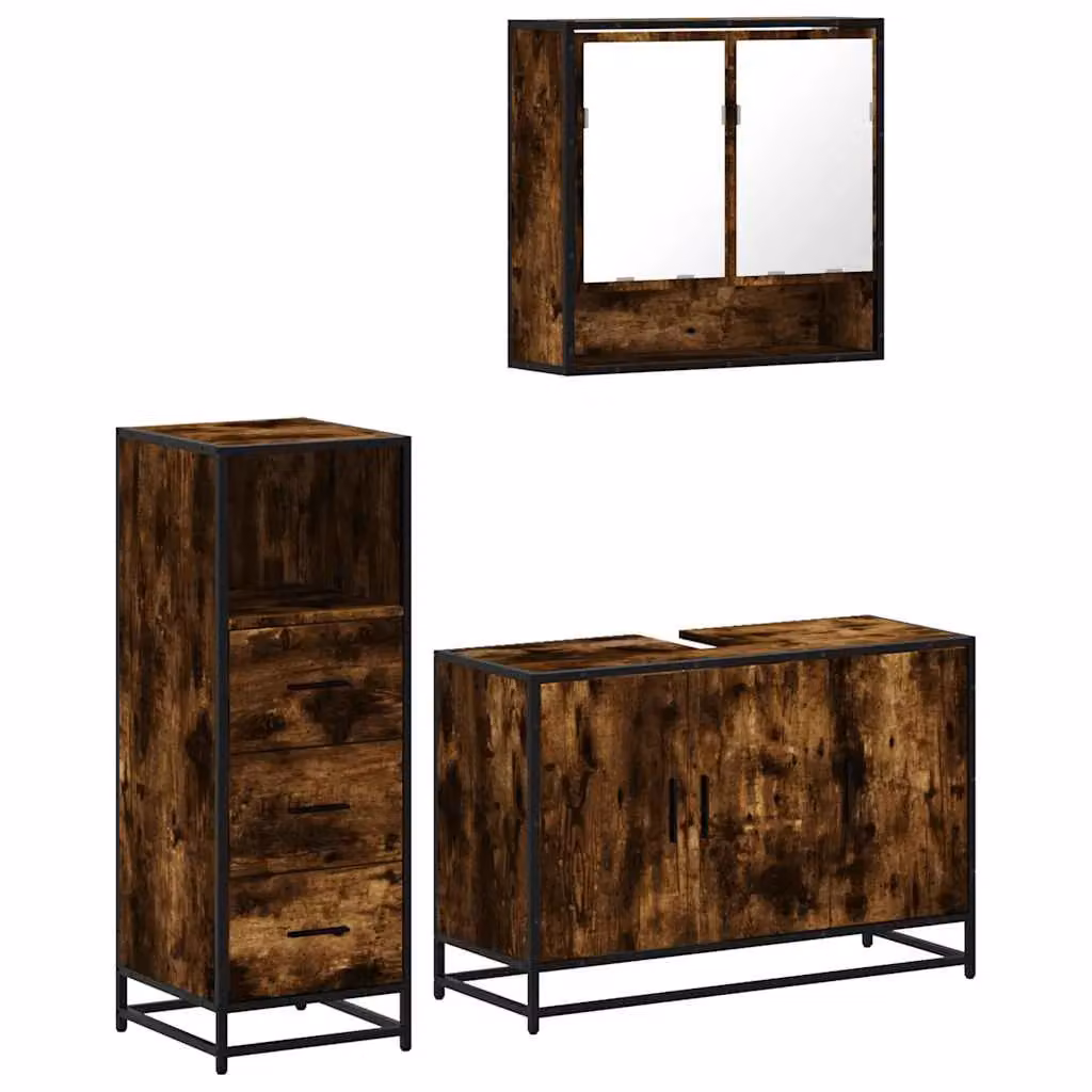 Berkfield Home 3 Piece Industrial Bathroom Furniture Set in Brown Smoked Oak – 2