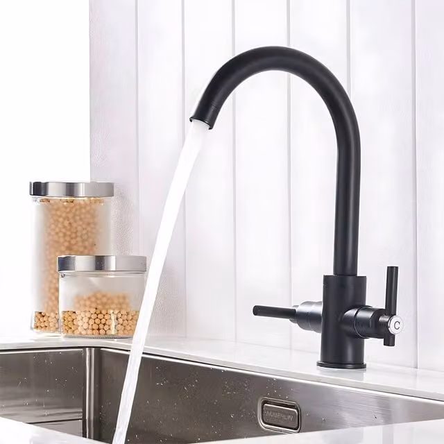 Heable Matte Black Dual-Lever Ceramic Disc Kitchen Mixer Tap with Swivel Spout – 1