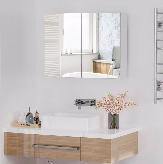 HOMCOM White Wall Mounted Bathroom Mirror Cabinet with Hinged Doors and Internal Shelves W/D/H: 80 x 15 x 60 cm