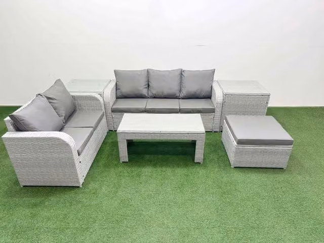 Fimous 6 Seater Grey PE Rattan Wicker Garden Furniture Set with Oblong Coffee Table, 3 Seater Sofa, Love Seat, Footstool and 2 Side Chairs