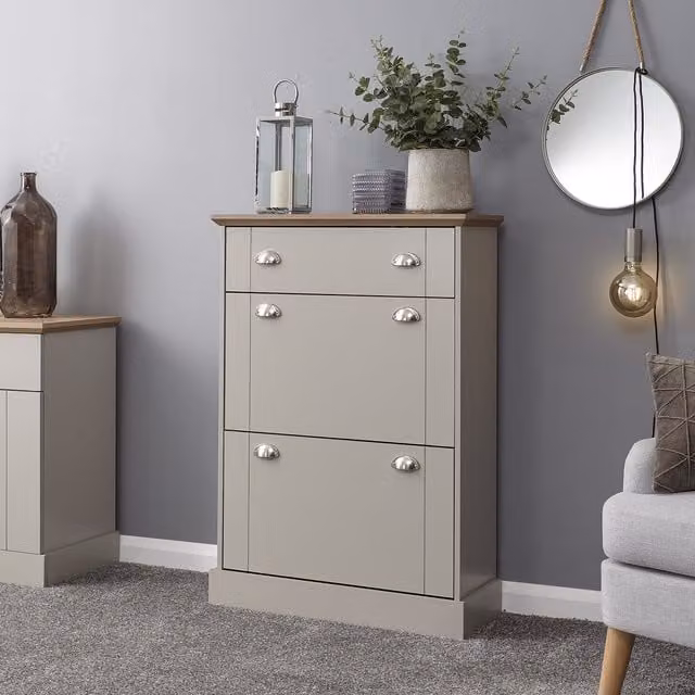 GFW Kendal Deluxe Grey and Oak 2 Door 1 Drawer Shoe Cabinet