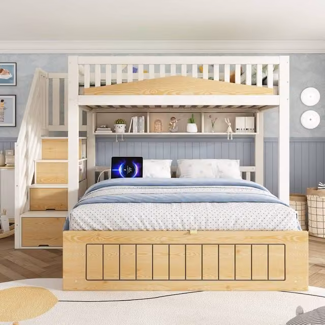 Merax Single Over Double Offset Bunk Bed with Storage Stairs and USB Charging Port in White