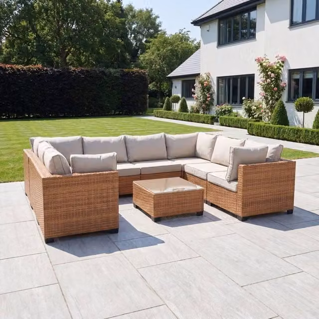 Artemis Home Saviano 8 Seat Modular U-Shaped Rattan Corner Set with Coffee Table and Ottoman in Sand and Beige