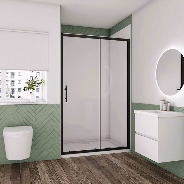 NESTLUNE Matt Black Aluminium Sliding Shower Door, H: 140 cm, W: 52 cm – 1