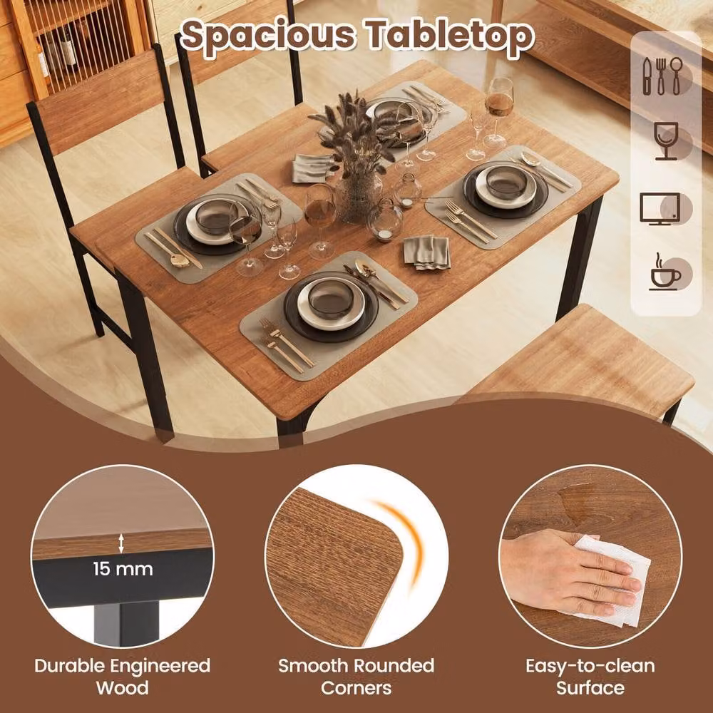 Costway 4-Piece Industrial Dining Table Set with Bench and Chairs in Brown – 5