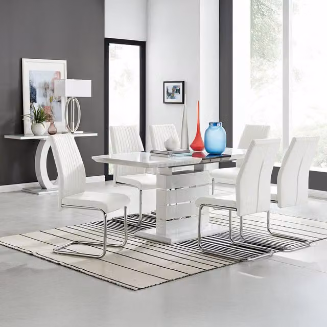 FurnitureboxUK Renato White High Gloss Extending Rectangular Kitchen Dining Table and 6 Lorenzo Faux Leather Chairs