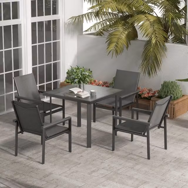 Outsunny Grey Garden Dining Set with Rectangular Glass Table and 4 Chairs