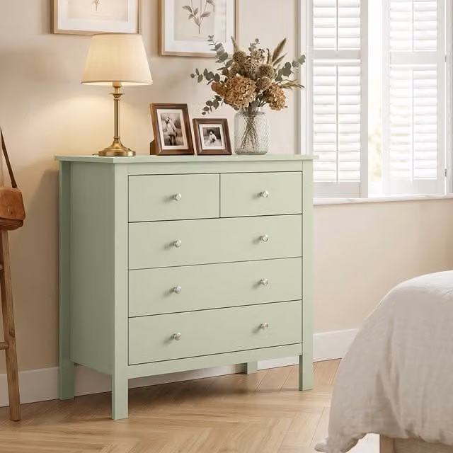 HOMCOM 5 Drawer Chest of Drawers with Metal Handles in Sage Green