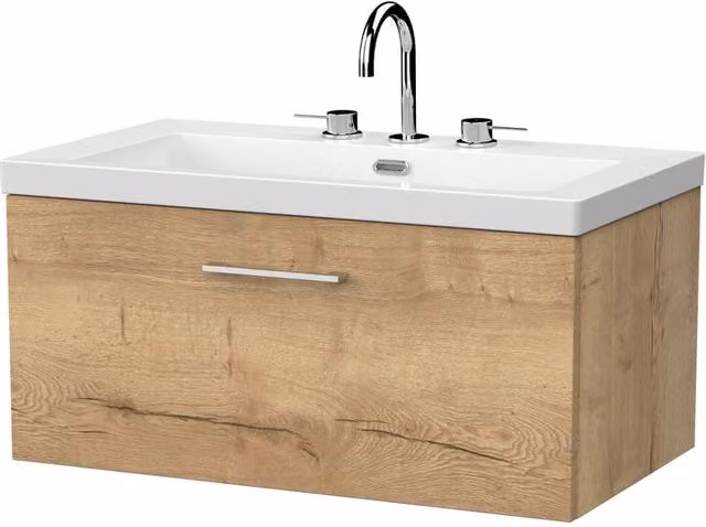 Balterley Pershall 1 Drawer Vanity Unit and 3TH Fireclay Basin in Autumn Oak Brown, Width: 80 cm