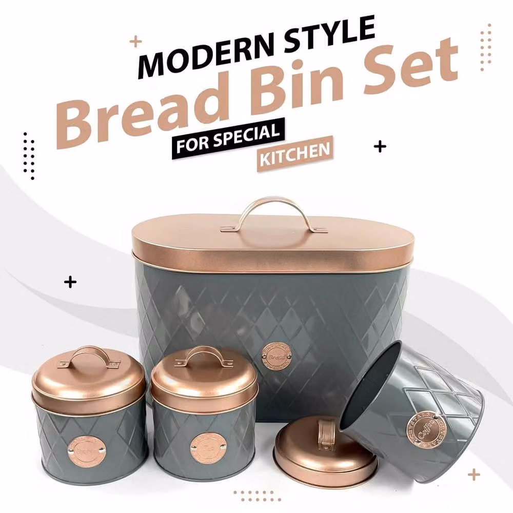 KORVIXA Grey and Copper Stainless Steel Airtight Kitchen Bread Bin Lid and Canister Set – 4
