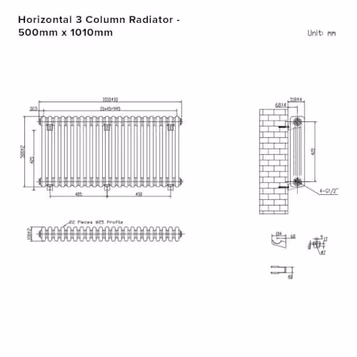 Lux Heat Black Horizontal 3 Column Traditional Steel Radiator, H: 50.0 cm, W: 101.0 cm – 4