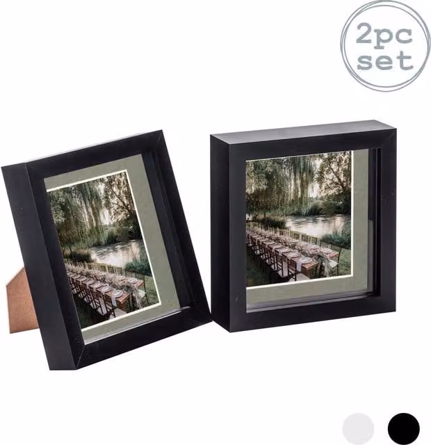 Nicola Spring Pack of 2 Black and Grey Square 3D Box Photo Frames with 4x4 inch Mount, W/D/H: 15.24 x 15.24 x 15.24 cm