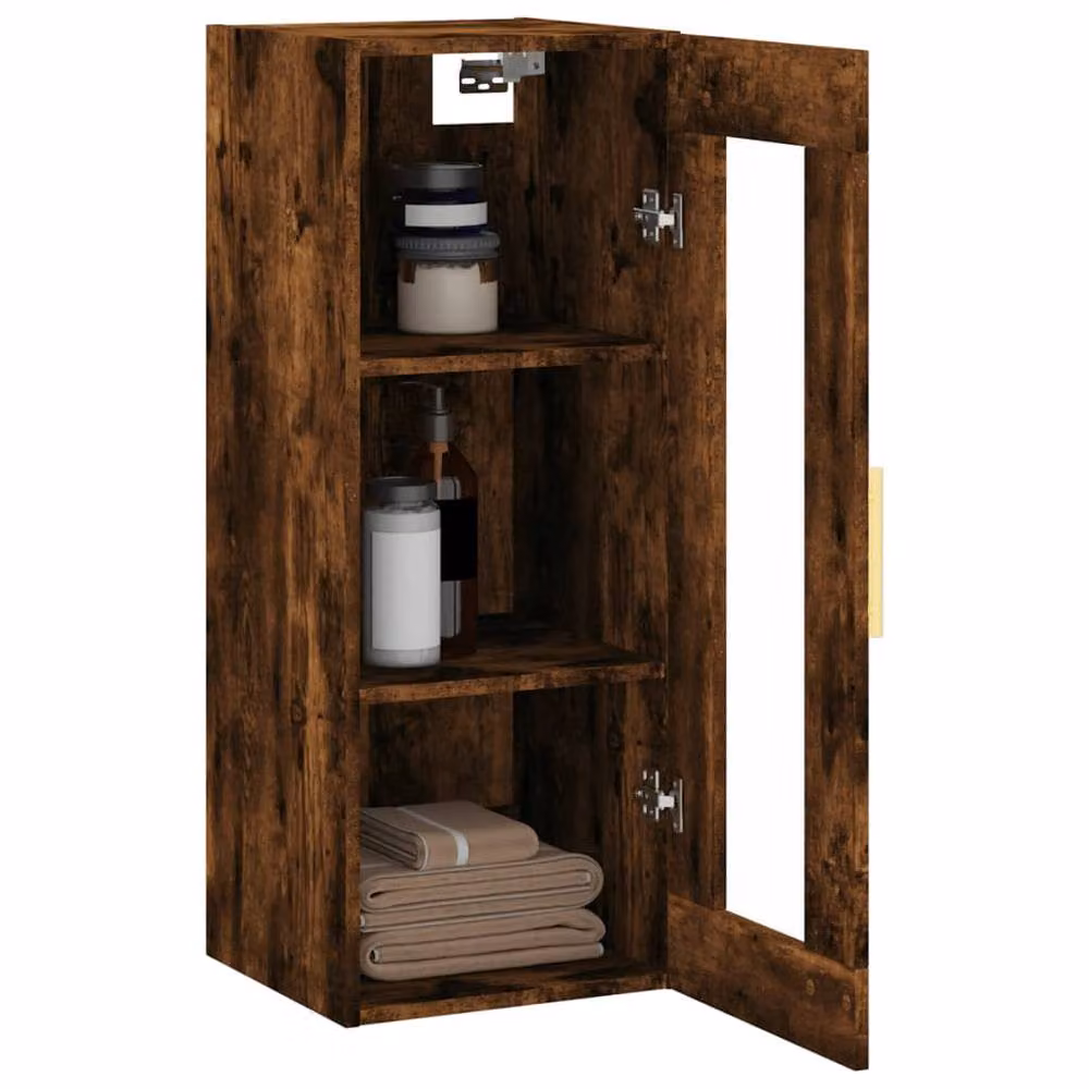 Berkfield Home Wall Mounted Smoked Oak Cabinet with Glass Doors in Brown, W/D/H: 34.5 x 34 x 90 cm – 4