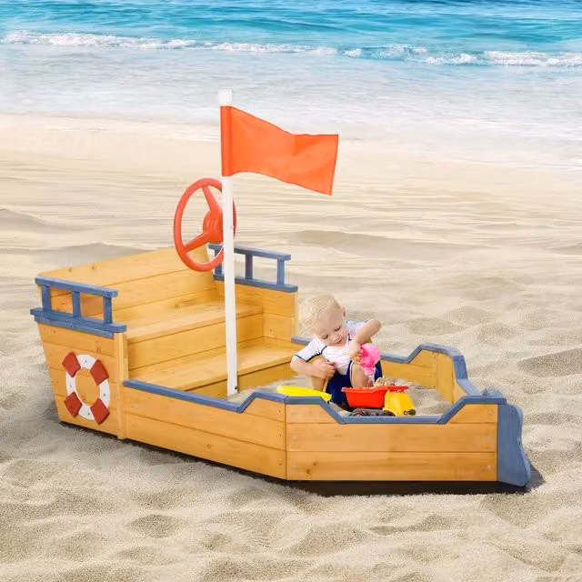 Outsunny Kids Wooden Pirate Ship Sandbox in Orange